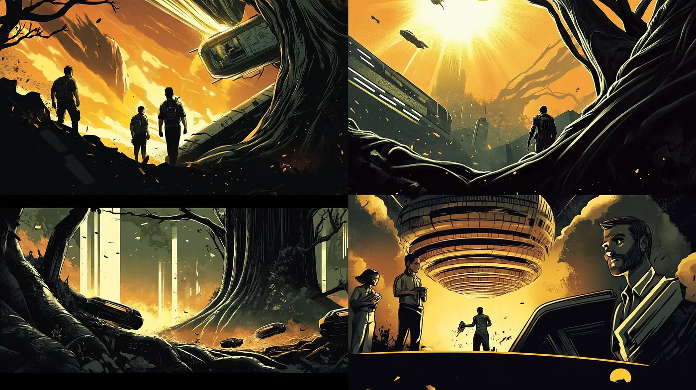 Sunset Hues in a Dystopian Tale: A Stylized Homage to Futuristic Narratives - Midjourney sref style