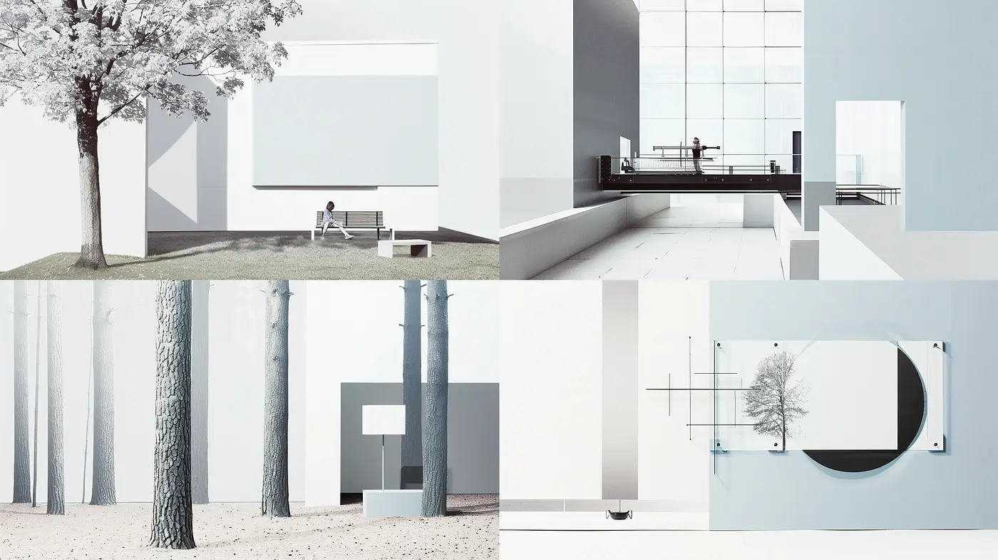 Monochromatic Harmony in Contrasting Architectural Compositions - Midjourney sref style
