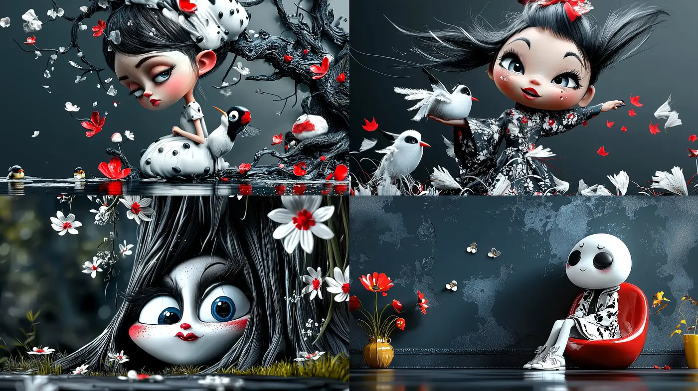 Harmonious Contrast in Surrealistic 3D Anime-Inspired Vignettes - Midjourney sref style