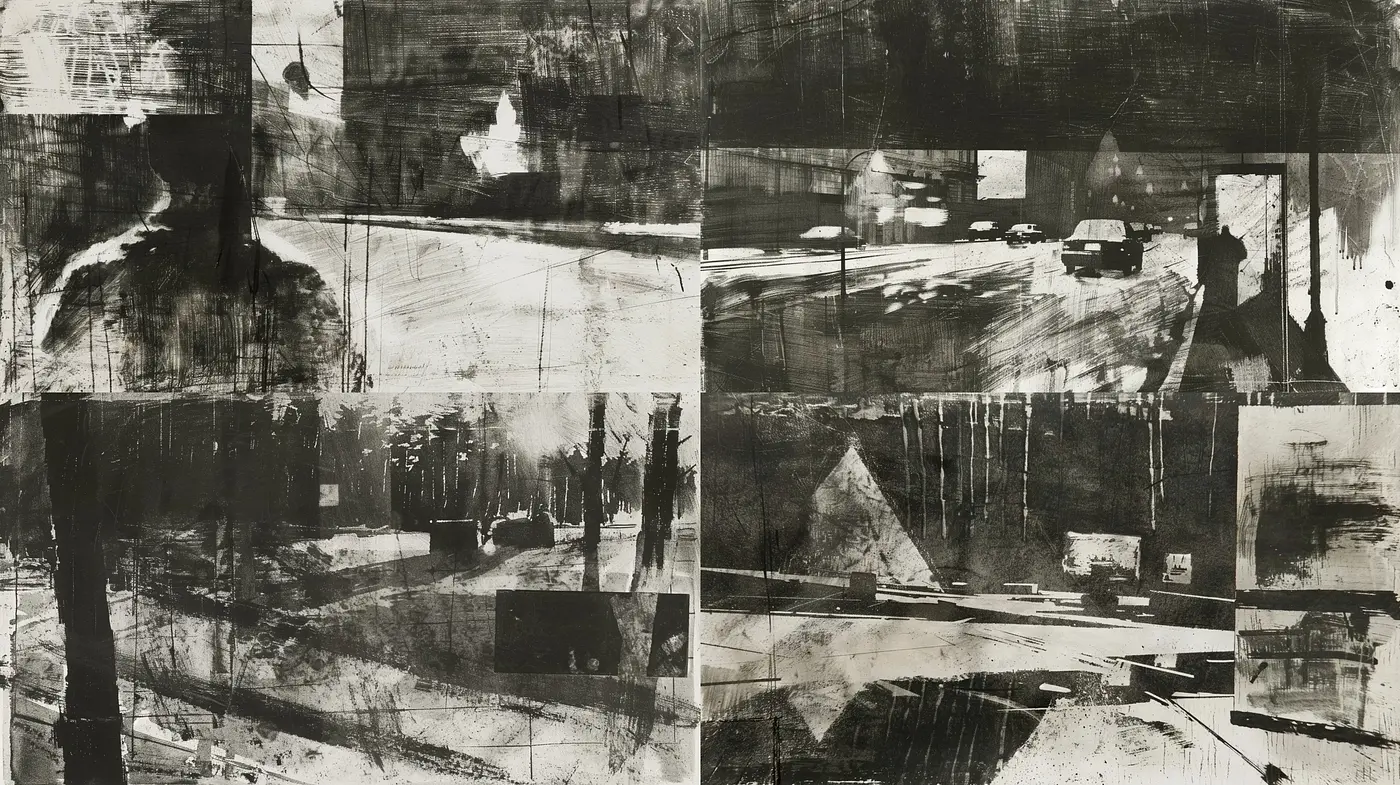 Abstract Monochromatic Patchwork: A Fusion of Textural Narratives - Midjourney sref style