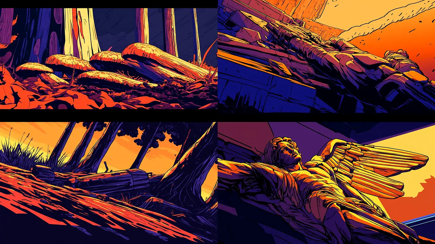 Dynamic Sunset Hues in Stylized Graphic Novel Illustration - Midjourney sref style