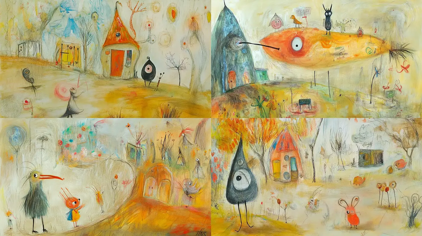 Whimsical Storybook Illustrations with a Surrealist Twist - Midjourney sref style