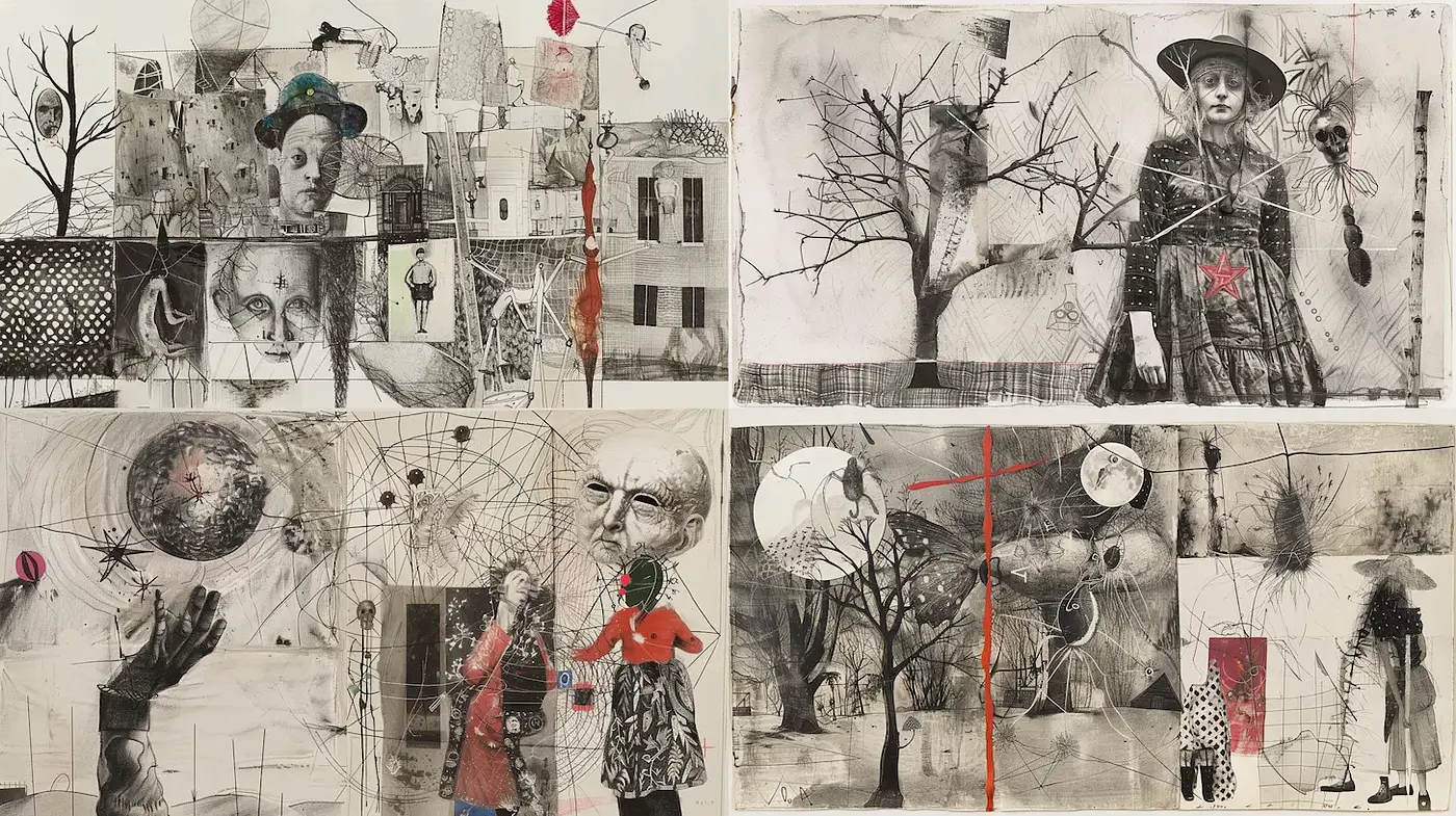Eclectic Mixed Media with a Surreal Twist and a Touch of Vintage Vibe - Midjourney sref style
