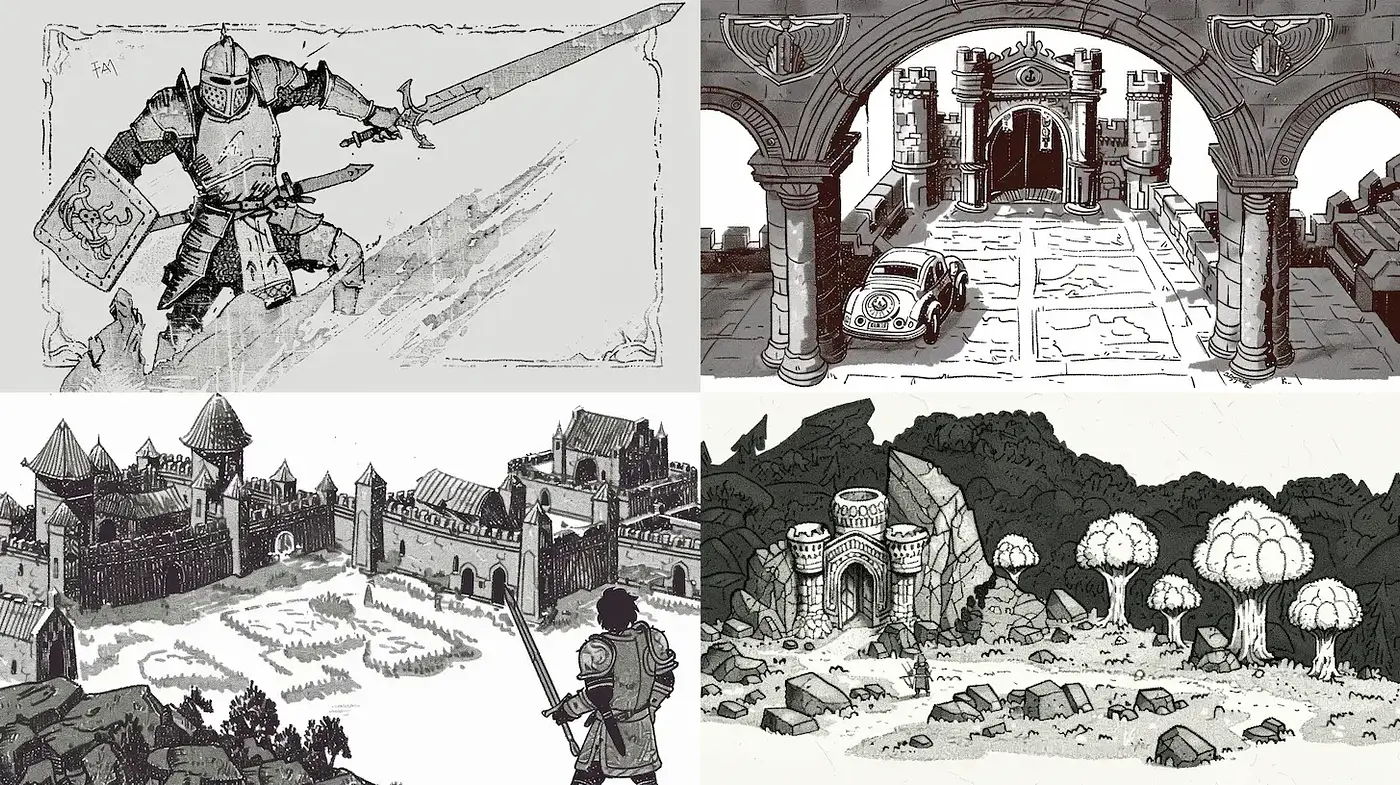 Stylized medieval fantasy scenes with high contrast and illustrative details - Midjourney sref style