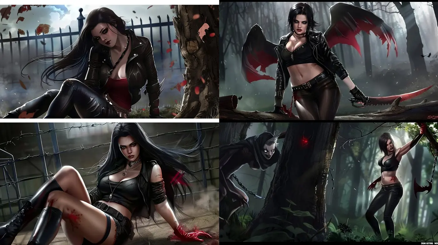 Gothic Fantasy and Dynamic Heroines: A Cohesive Tableau of Dark Elegance and Intensity - Midjourney sref style