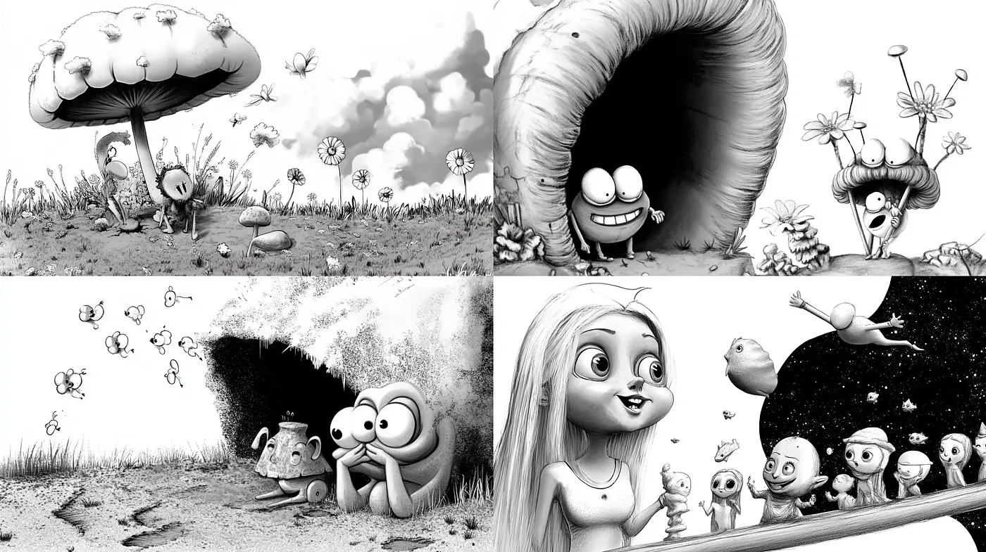 Monochromatic Whimsy: A Fusion of Surrealism and Cartoonish Delight - Midjourney sref style