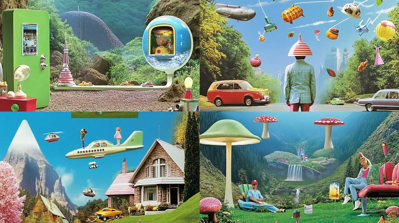Whimsical Retrofuturistic Dreamscape: A Vibrant Melding of Past and Future - Midjourney sref style