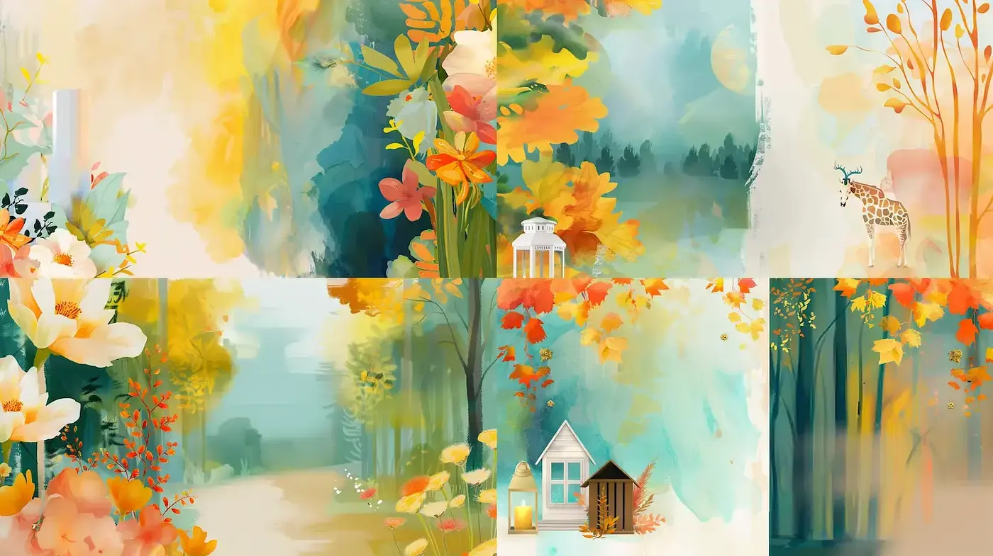 Vibrant Watercolor Landscapes with Organic Floral Elements - Midjourney sref style