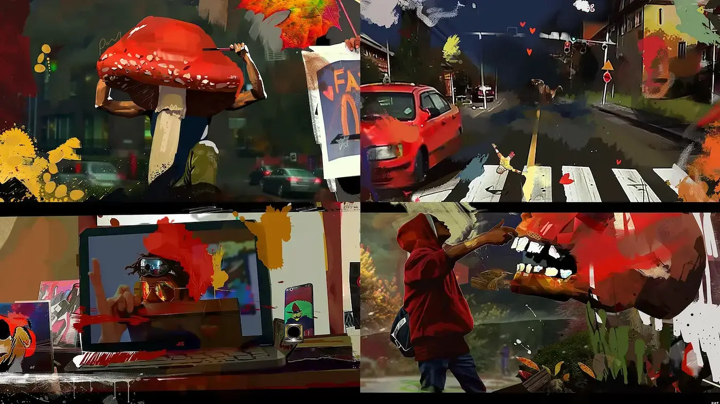 Dynamic Urban Fantasy with Expressive Brushwork and Vivid Colors - Midjourney sref style