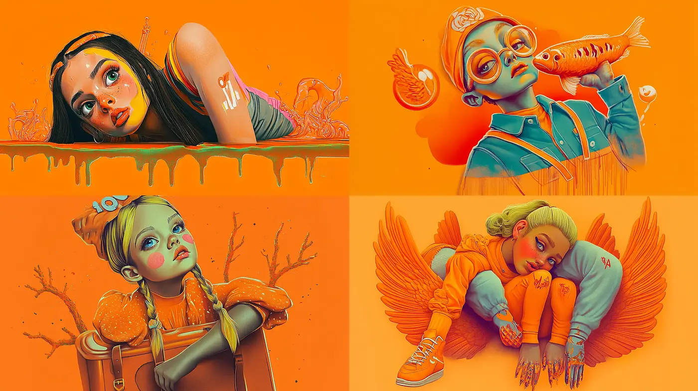 Surreal Orange Dreamscape with Pop-Art Overtones - Midjourney sref style