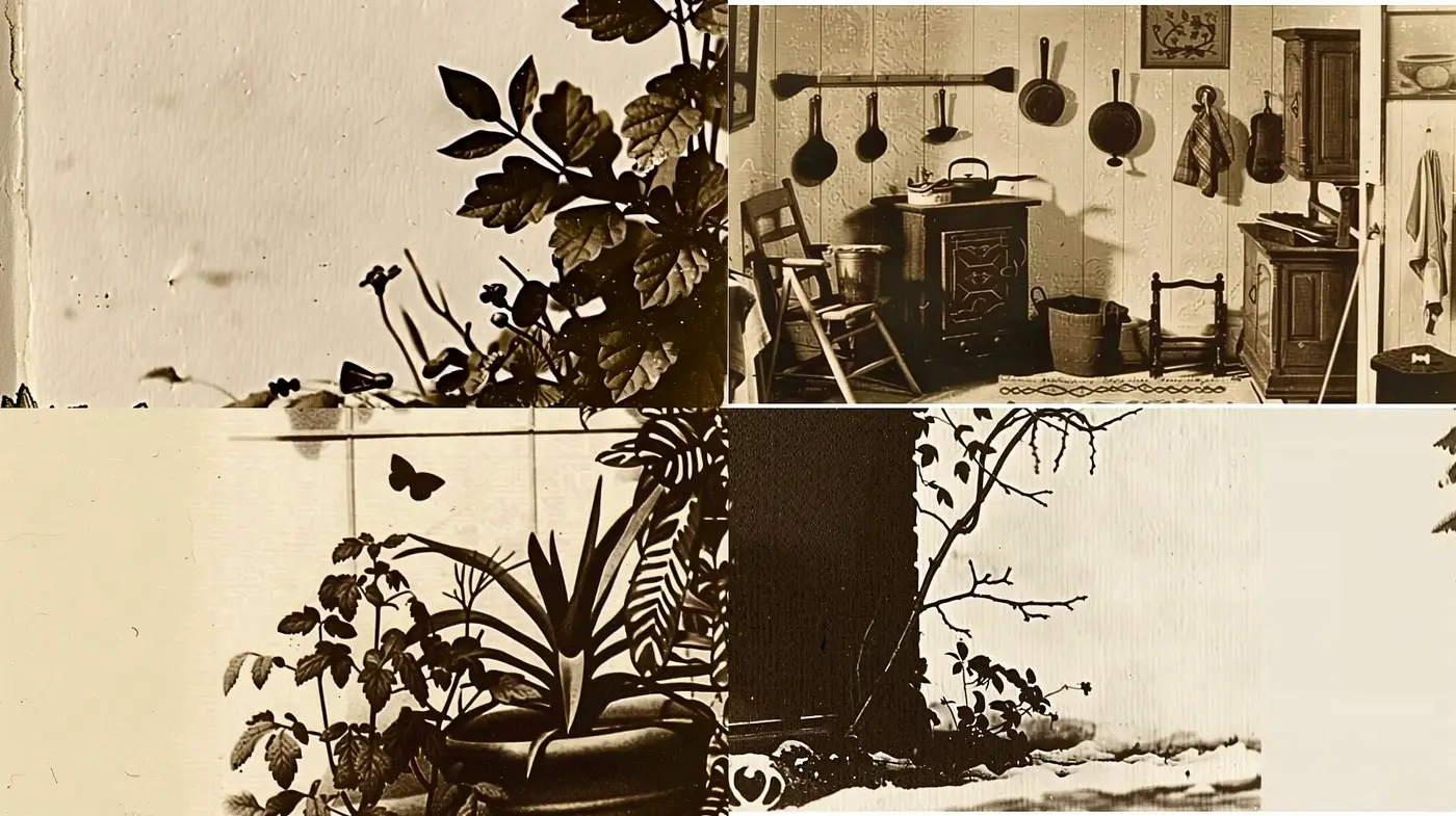 Sepia-Toned Botanical and Domestic Nostalgia - Midjourney sref style