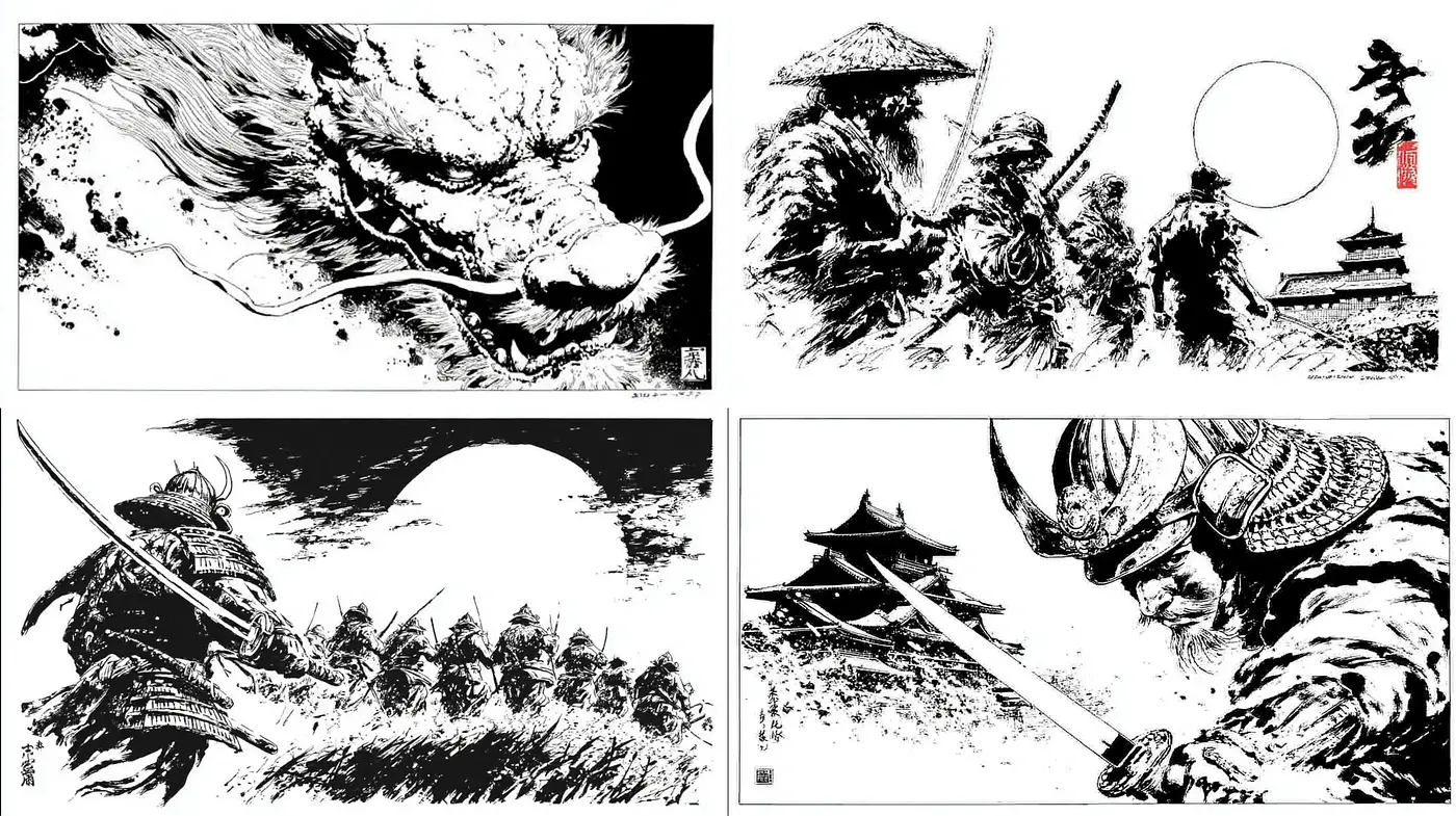 Dynamic and expressive samurai-themed ink illustrations with a dramatic flair - Midjourney sref style