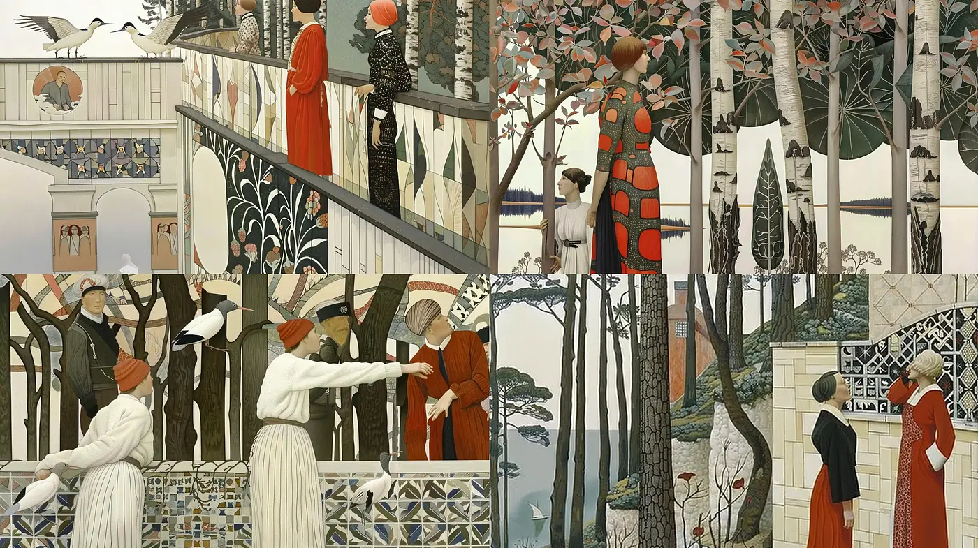 Ethereal Elegance in Stylised Serenity: A Fusion of Art Nouveau and Precisionist Calm - Midjourney sref style