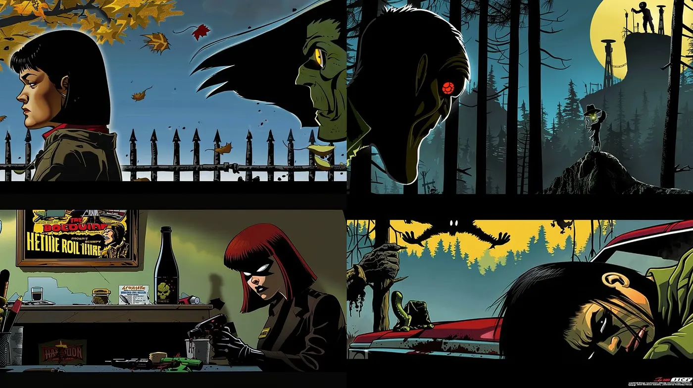 Noir-Inspired Graphic Novel Convergence with Muted Earth Tones - Midjourney sref style