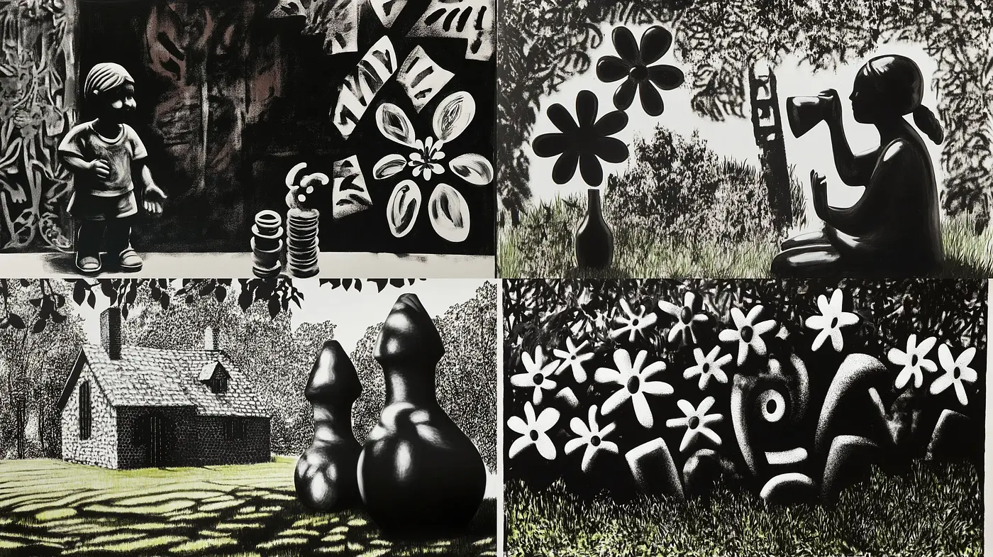 Monochromatic Whimsy: Stylized Contrast in Dreamlike Repetition - Midjourney sref style