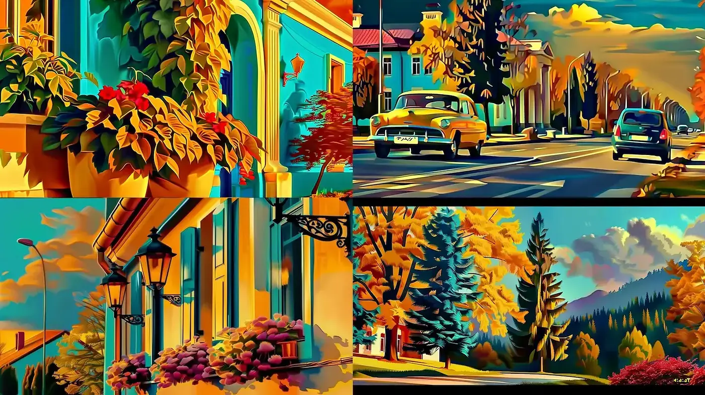 Vibrant and picturesque representation of urban and natural landscapes - Midjourney sref style