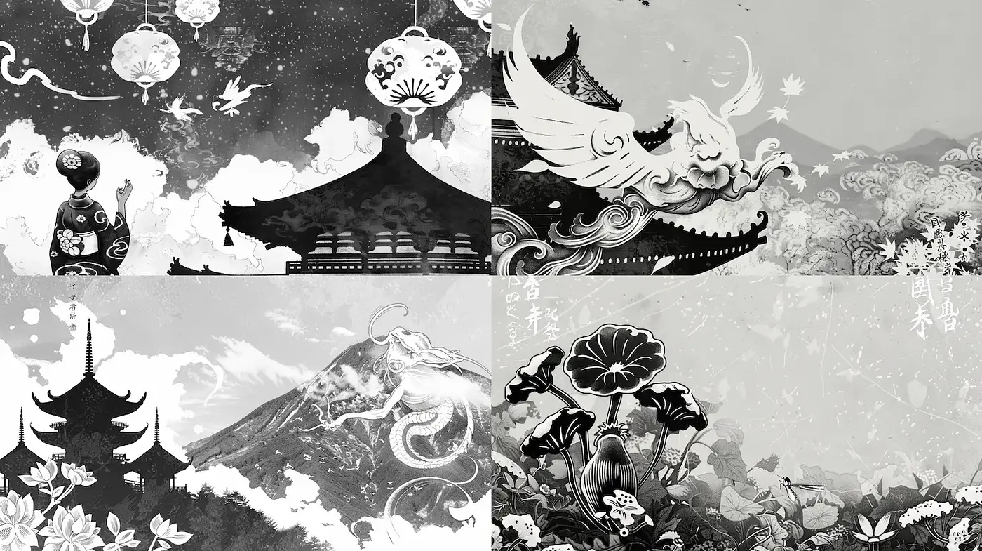 Serene and Ethereal Black and White Aesthetic with East Asian Influences - Midjourney sref style