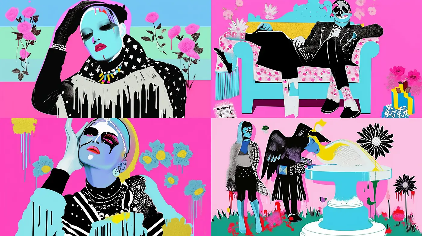 Eclectic Synthesis of Pop Art and Surrealism with a Digital Twist: A Study in Vivid Tones and Dreamlike Imagery - Midjourney sref style