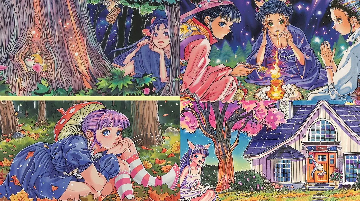 Enchanted Manga Illustrations with Pastel Dreamscapes - Midjourney sref style