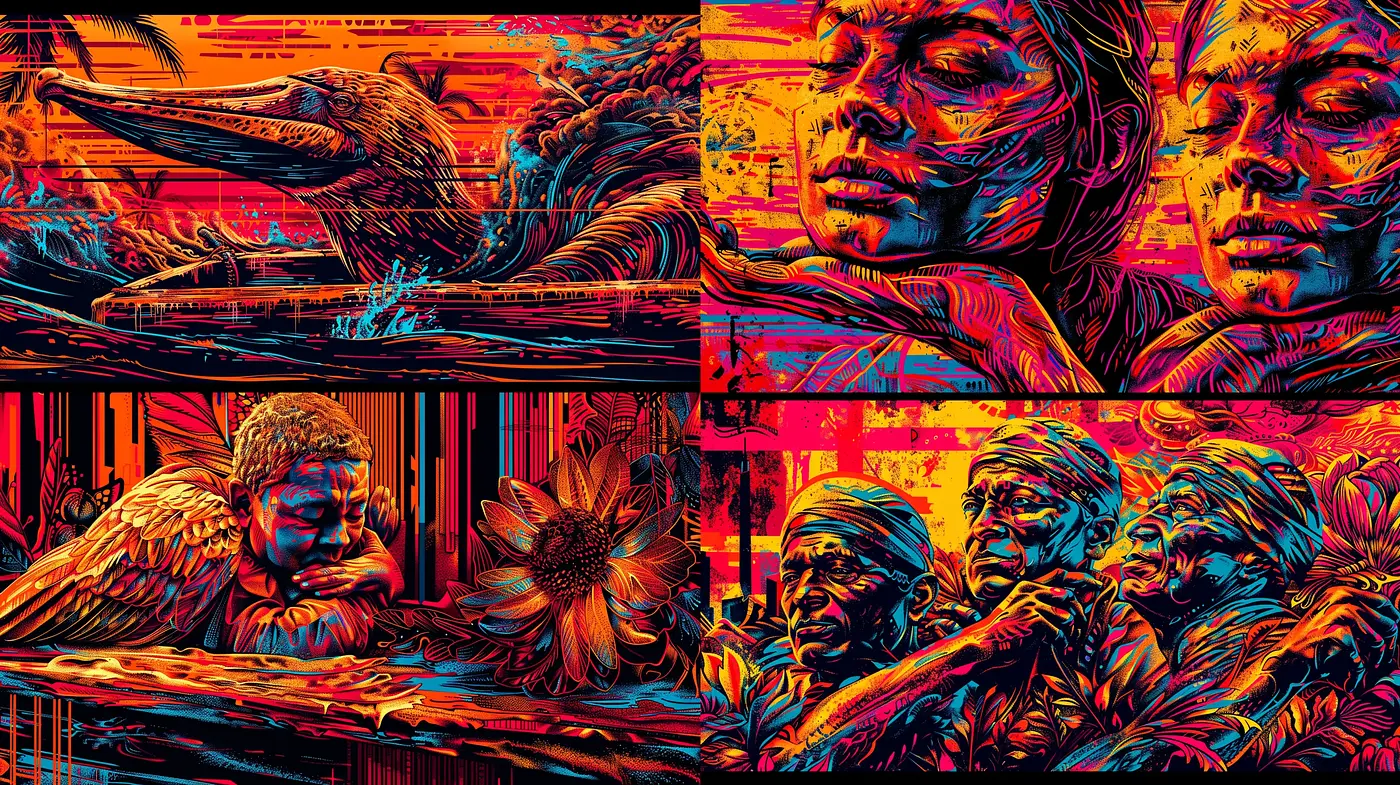 Neon Noir Fusion with Expressive Contours and Intense Chromatic Contrasts - Midjourney sref style