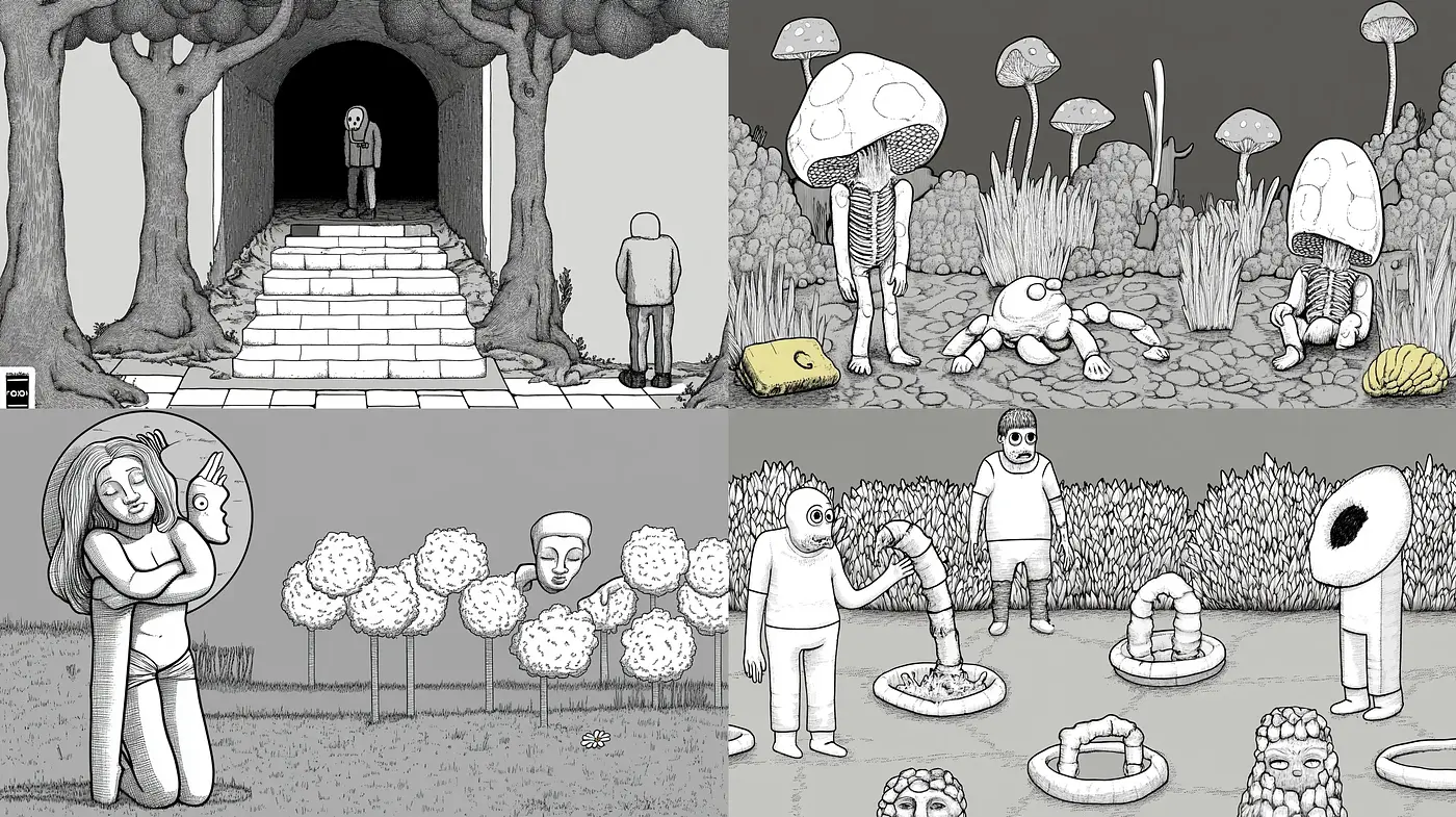 Monochrome Surrealist Dreamscape Illustrations - Midjourney sref style