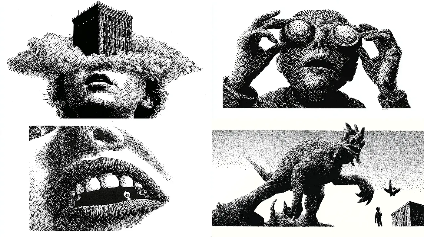 Surreal and Intricate Black-and-White Imagery with a Distinctive Dreamlike Quality - Midjourney sref style