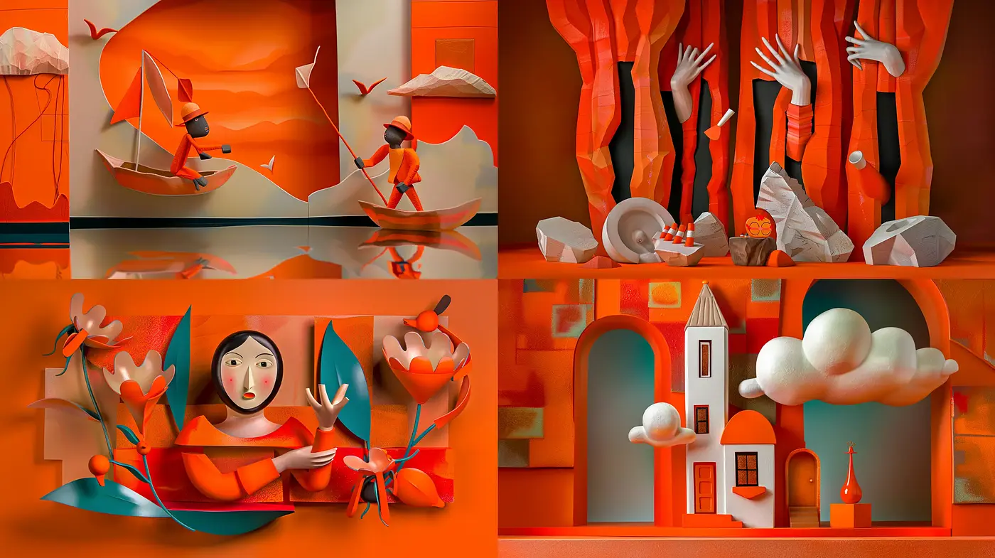 Surreal Tangerine Dreamscape with Expressive Geometric Forms - Midjourney sref style