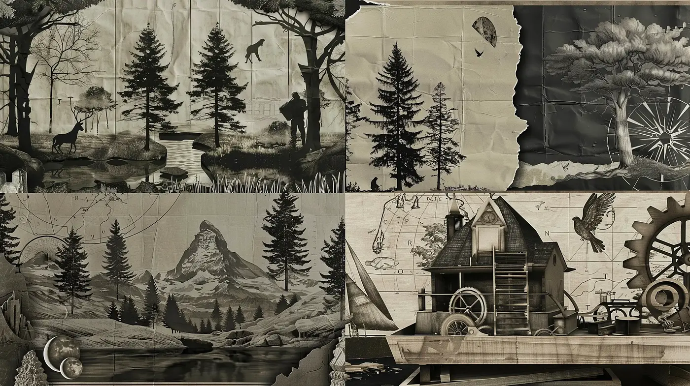 Monochromatic Tapestry of Time: A Homage to Nostalgic Sceneries and Mechanical Wonders - Midjourney sref style