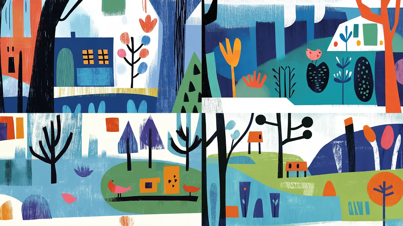 Whimsical Storybook Illustration with Midcentury Modern Undertones - Midjourney sref style