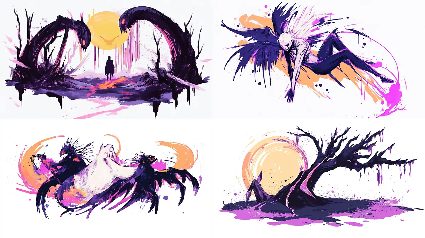 Dynamic Brushstroke Symphony with a Twilight Color Fusion - Midjourney sref style