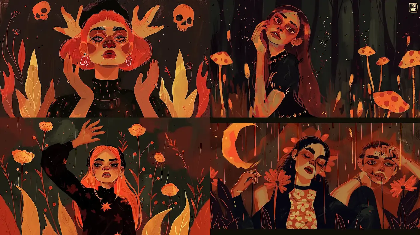 Enchantingly dark and whimsical illustration style with a focus on femininity and nature - Midjourney sref style