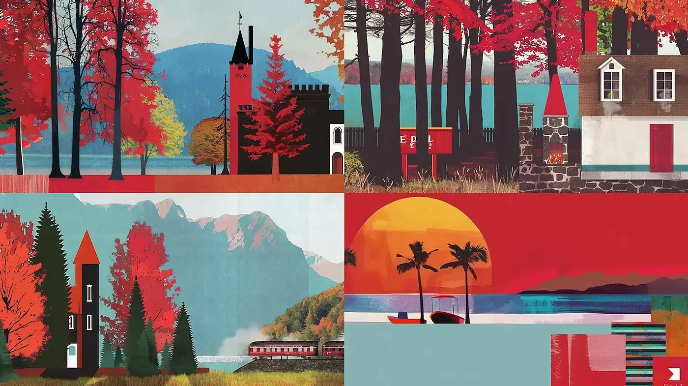 Vibrant, stylized landscapes with a retro aesthetic - Midjourney sref style