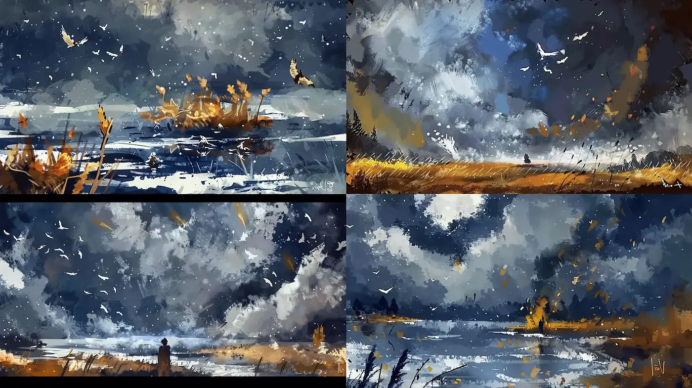 Dramatic Atmospheric Landscapes with Rich Textural Depth - Midjourney sref style