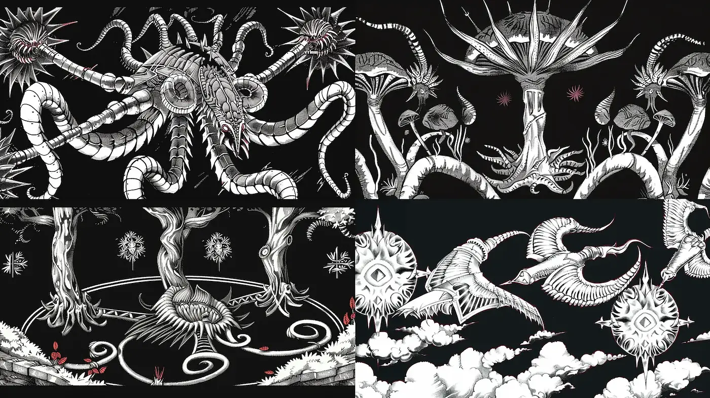 Intricate monochrome art with a surreal and organic quality - Midjourney sref style