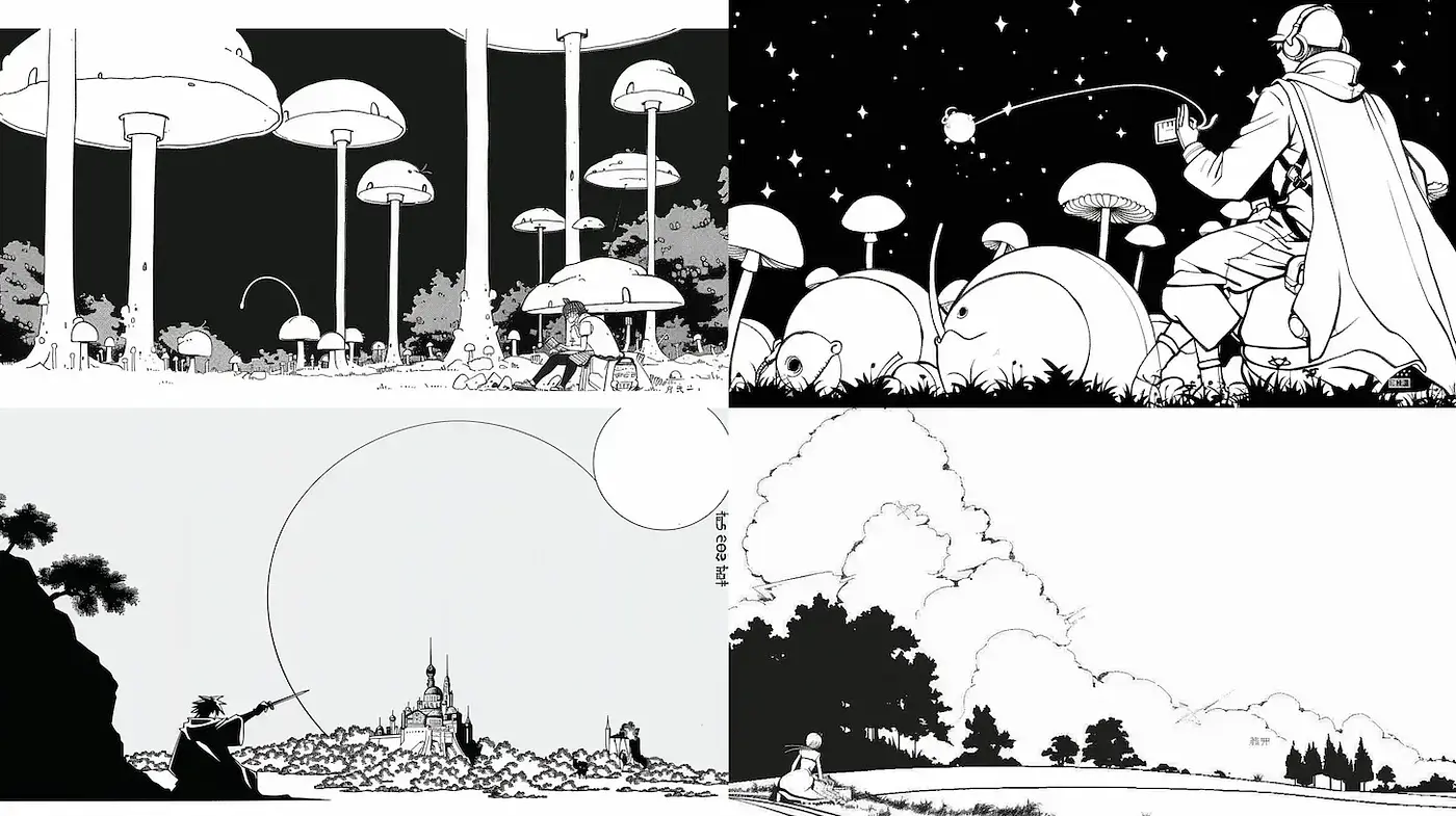 Surreal Black and White Illustrations with Fantastical Elements - Midjourney sref style