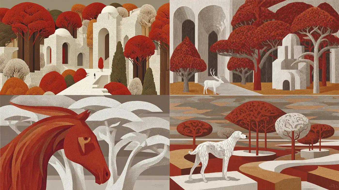 Stylized Illustrations with a Warm Earthy Palette and Minimalistic Forms - Midjourney sref style