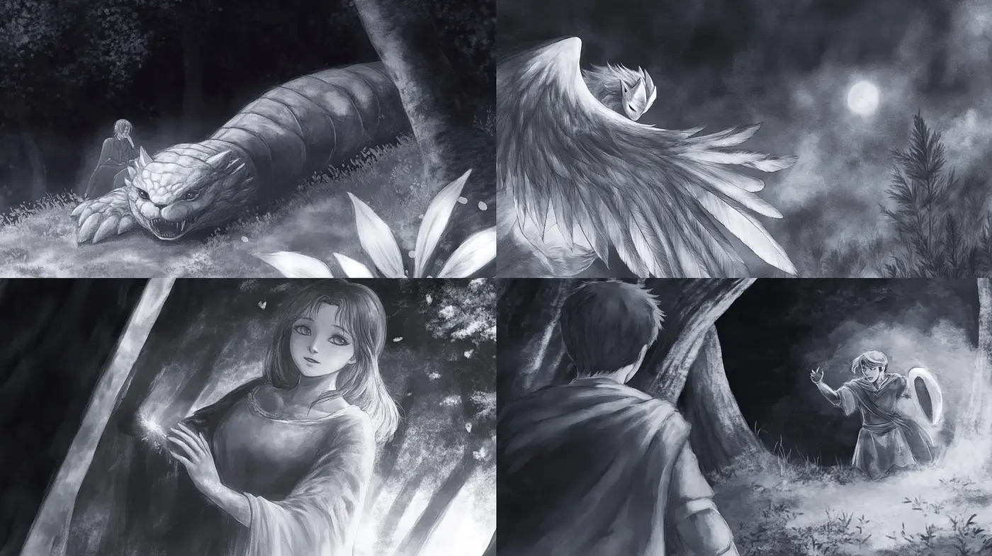 Monochrome Whispers of a Mystical Forest - Midjourney sref style
