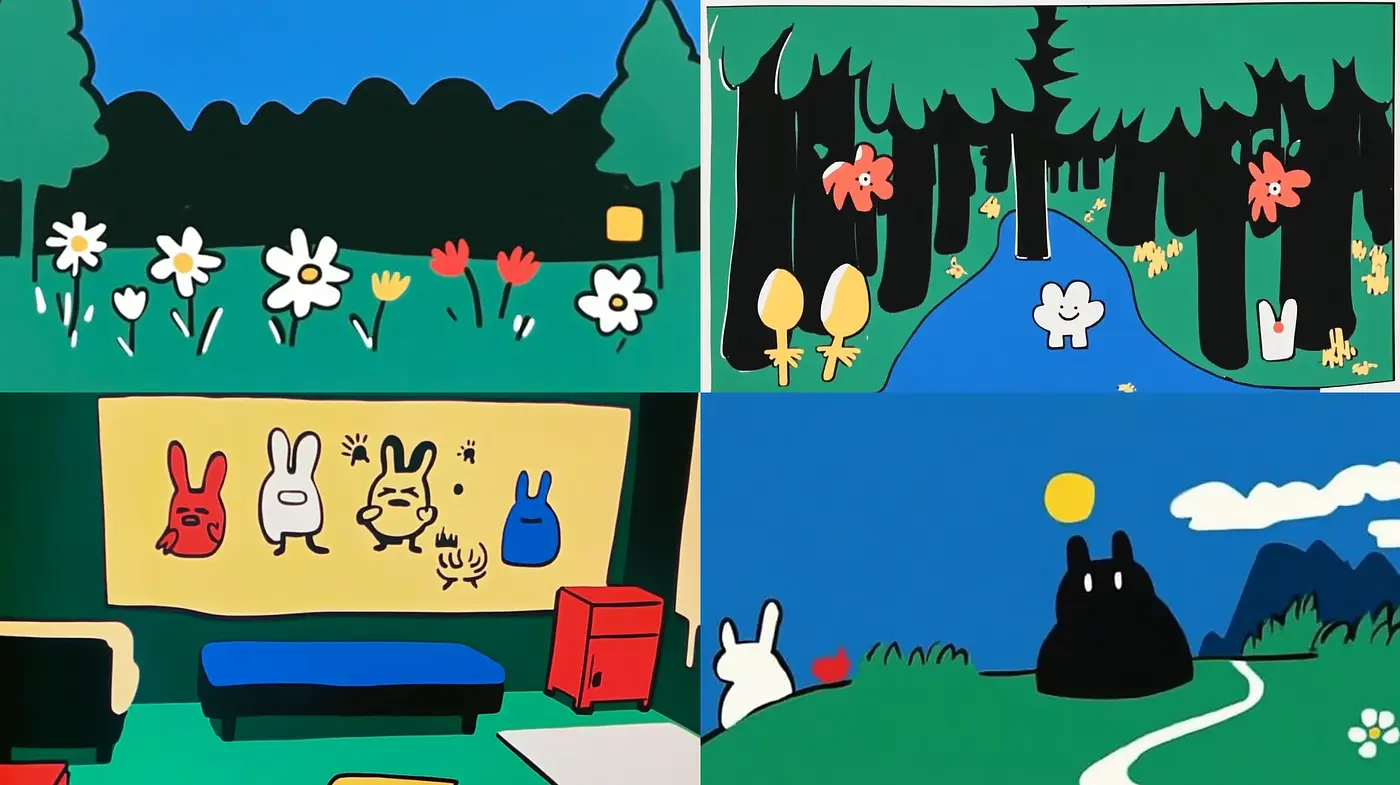 Whimsical Storybook Illustrations with Bold Contours and Vivid Colors - Midjourney sref style