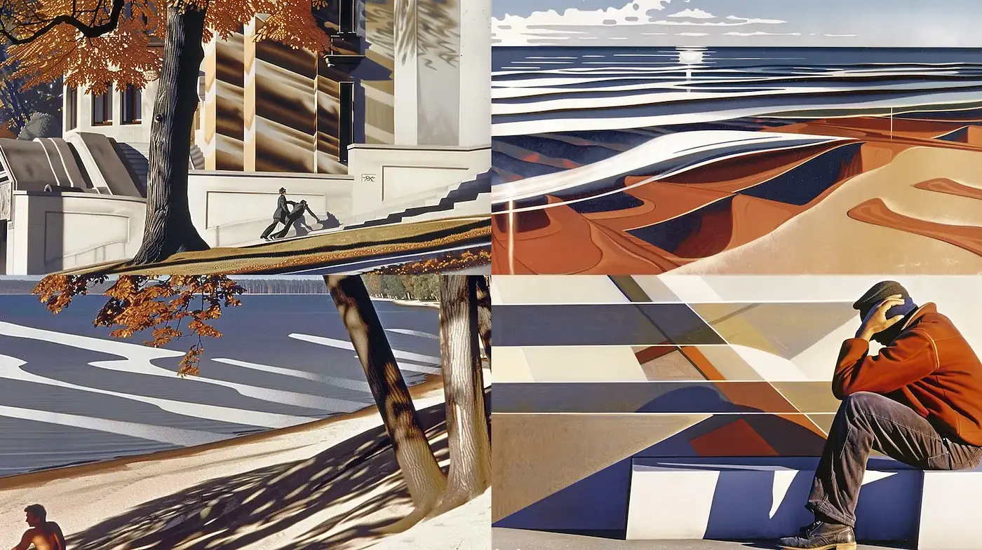 Contemporary stylized landscapes with a playful use of geometry and contrasting shadows - Midjourney sref style