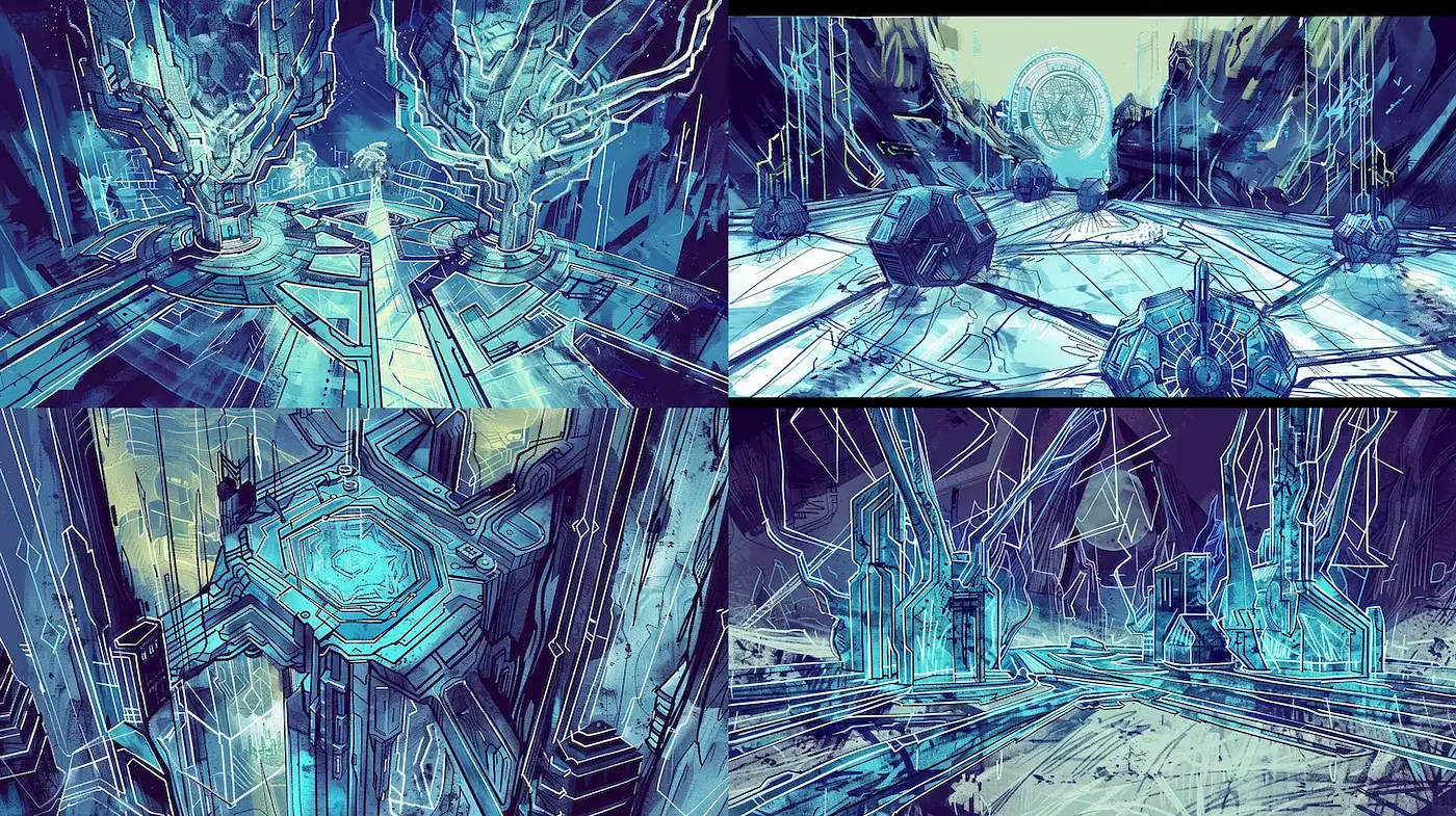Futuristic Digital Landscapes with Electric Tones and Geometric Precision - Midjourney sref style
