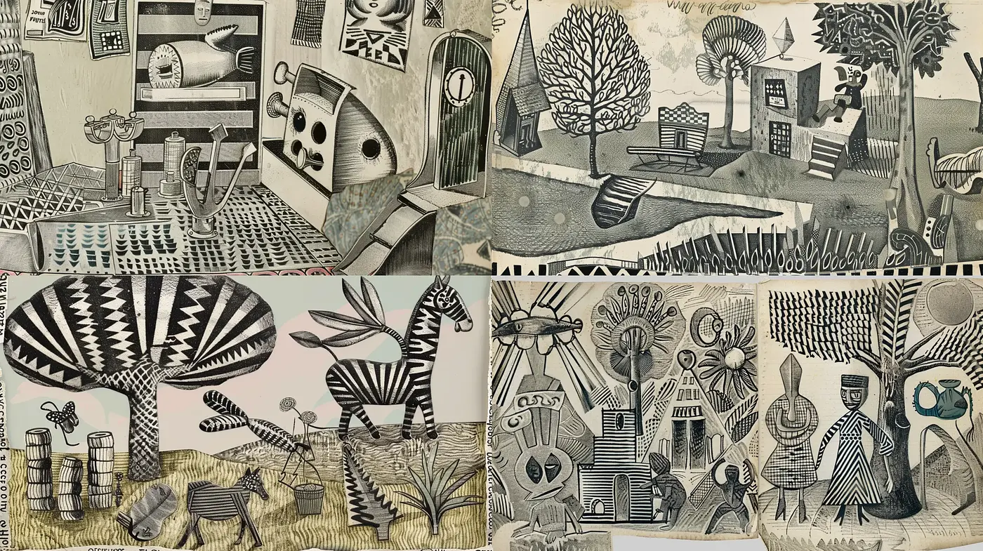 Monochromatic Whimsy: A Fusion of Surrealism and Woodcut Artistry - Midjourney sref style