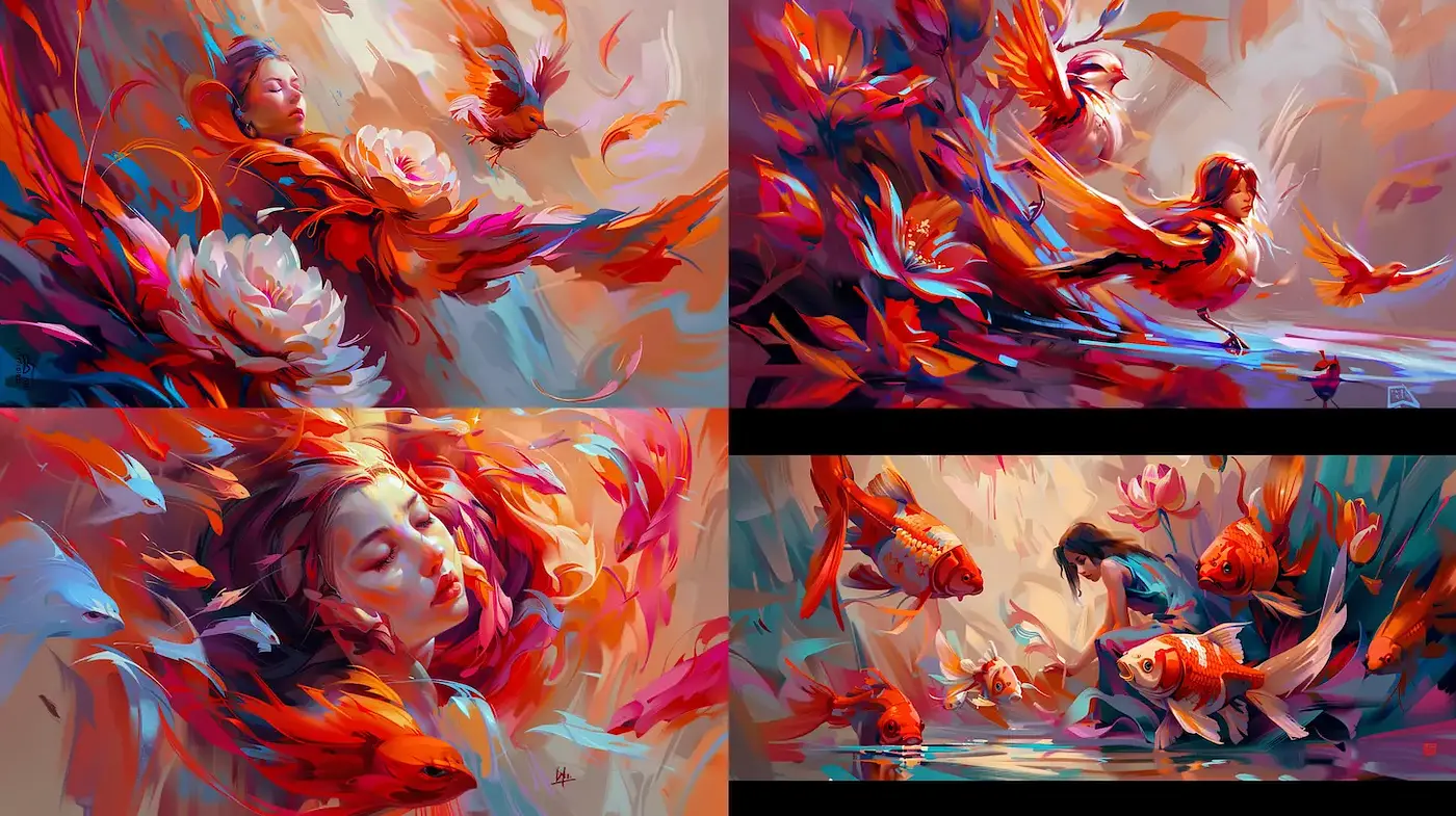Vibrant and Ethereal Composition with Fluid Motion and Organic Elements - Midjourney sref style