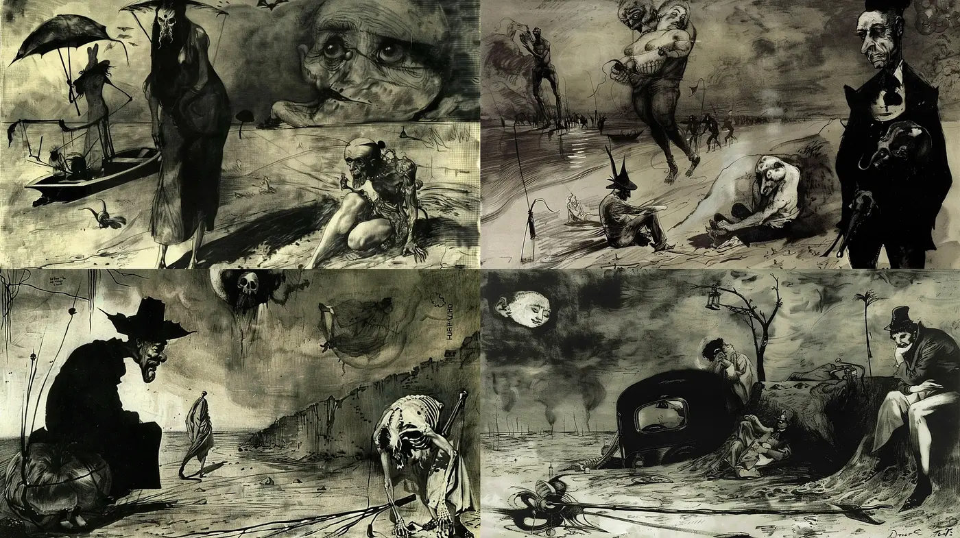 Gritty Monochrome Surrealism with Expressionist Undertones - Midjourney sref style