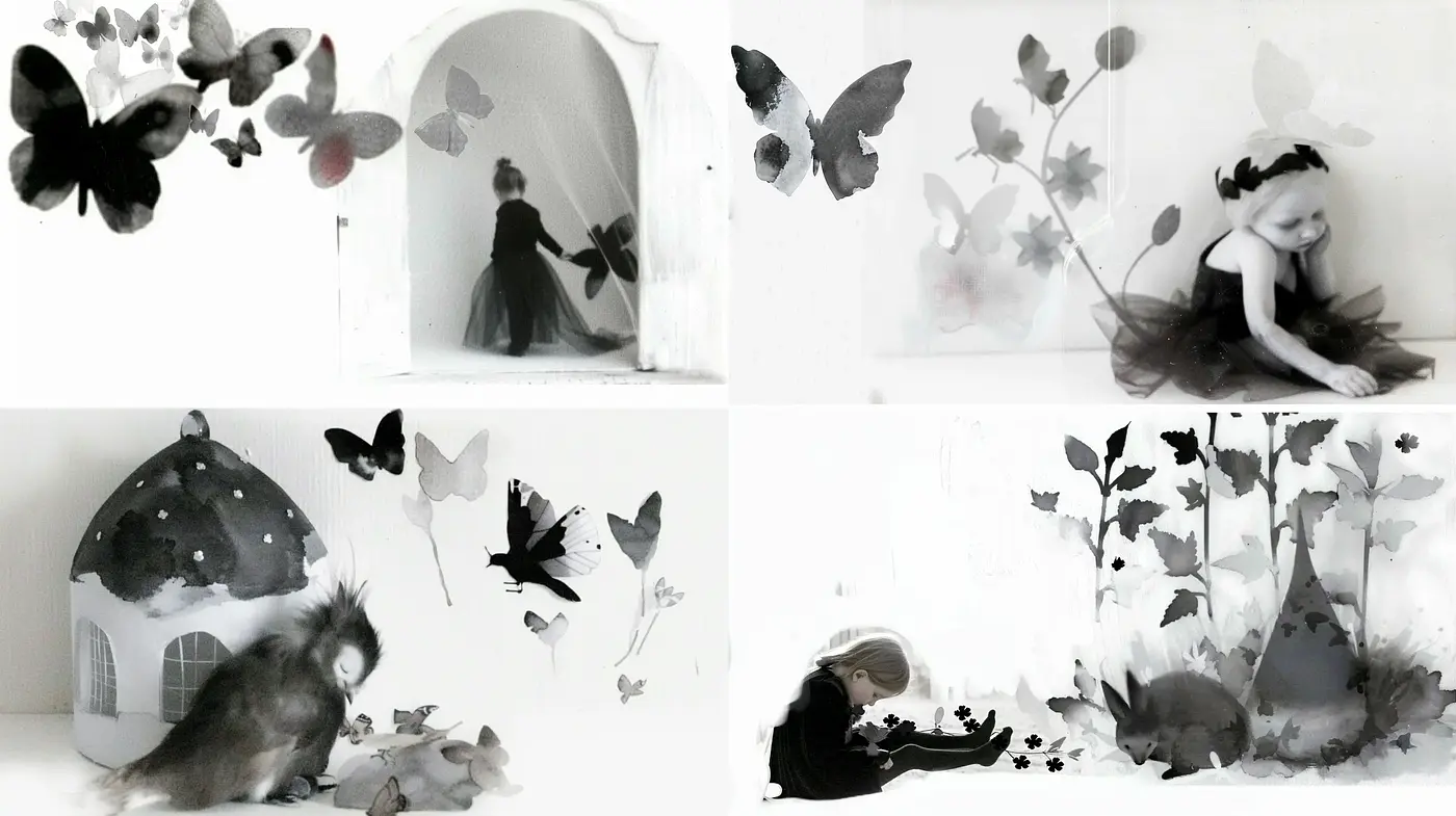 Monochromatic Whimsy: Ethereal Moments Encapsulated in a Black and White Dreamscape - Midjourney sref style