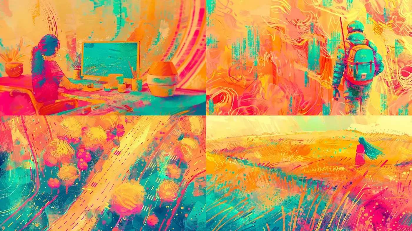 Vibrant Abstract Expressionism with Dreamlike Landscapes and Characters - Midjourney sref style