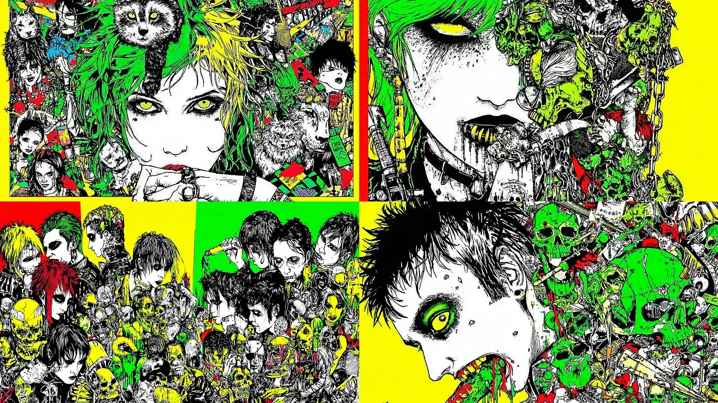 Vibrant and Chaotic Graphic Novel Aesthetic with Neon Accents - Midjourney sref style