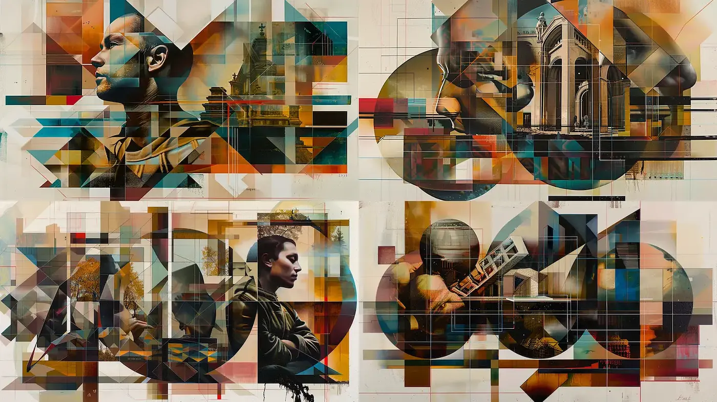 Abstract Fusion of Portraiture and Geometric Shapes with a Retro Vibe - Midjourney sref style