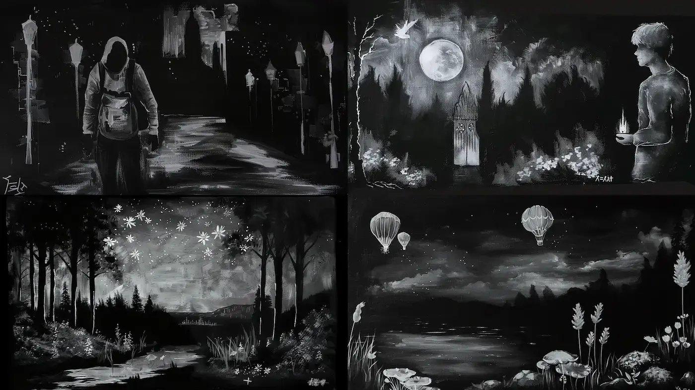 Monochromatic Dreamscapes with Ethereal Elements - Midjourney sref style