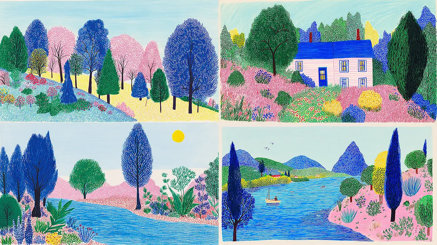 Bright and Whimsical Landscape Illustrations with a Playful Color Palette - Midjourney sref style