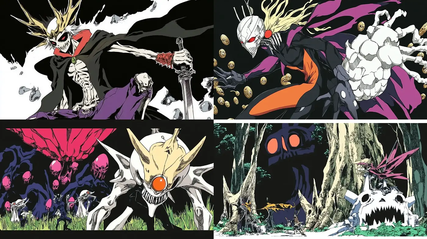 Dynamic Contrasts in Manga-Inspired Monstrous Tableaus - Midjourney sref style